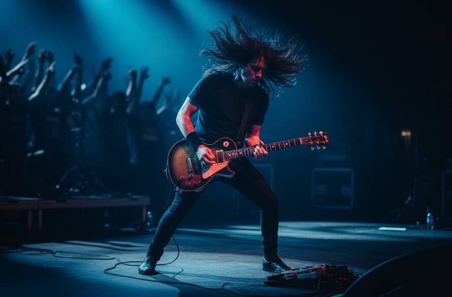 Dramatic close-up of a guitarist mid-solo on stage in Berwick, bathed in electric blue and red stage lights, with a blurred, energetic crowd in the background, perfectly capturing the Berwick Live Music Photography: Capturing Electric Concert Vibes.