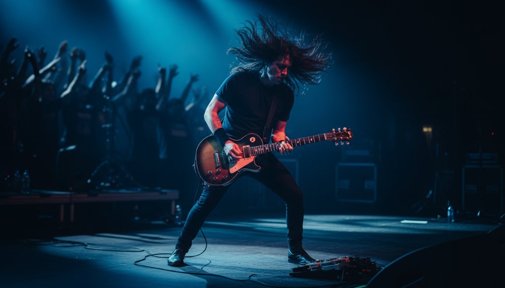 Dramatic close-up of a guitarist mid-solo on stage in Berwick, bathed in electric blue and red stage lights, with a blurred, energetic crowd in the background, perfectly capturing the Berwick Live Music Photography: Capturing Electric Concert Vibes.