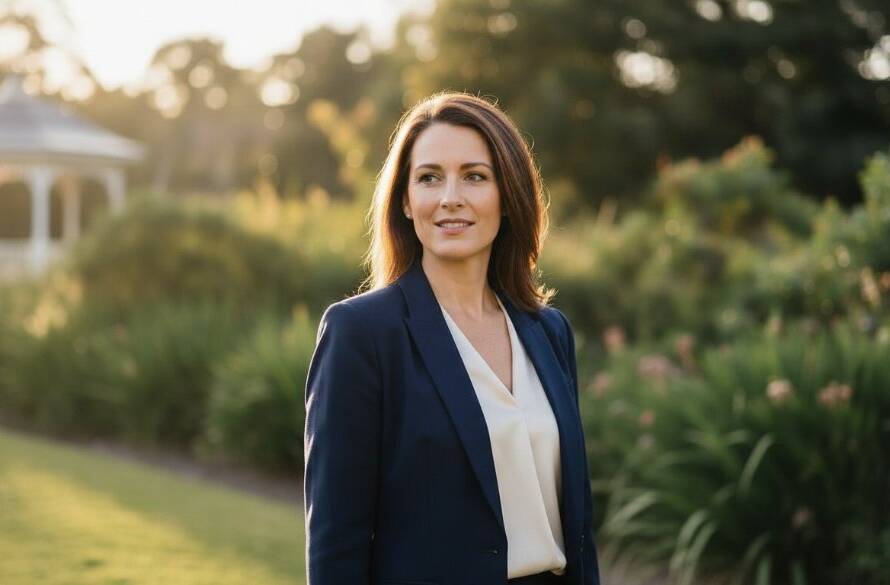 A confident executive client receiving their Berwick professional headshots for career advancement, captured in a dynamic outdoor setting near Berwick Lake, with dramatic golden hour lighting highlighting their determined expression and professional attire.