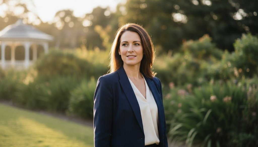 A confident executive client receiving their Berwick professional headshots for career advancement, captured in a dynamic outdoor setting near Berwick Lake, with dramatic golden hour lighting highlighting their determined expression and professional attire.