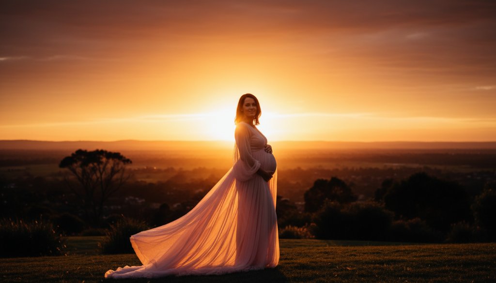 An expectant mother in a flowing gown stands silhouetted against a dramatic Berwick sunset, showcasing Berwick Victoria cinematic maternity photography with professional lighting and emotional depth.