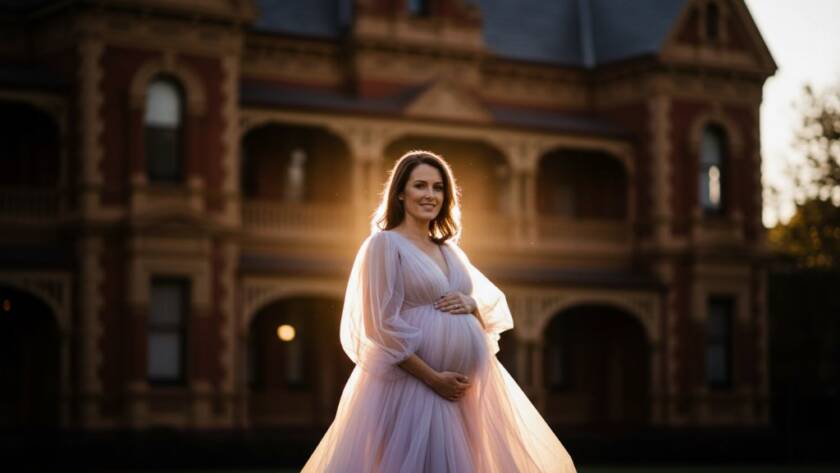 A glowing expectant mother stands gracefully amidst a backdrop of historic Armadale architecture at sunset, capturing bespoke Armadale maternity photography experiences. She wears an elegant flowing gown, her silhouette dramatically lit, embracing her baby bump.