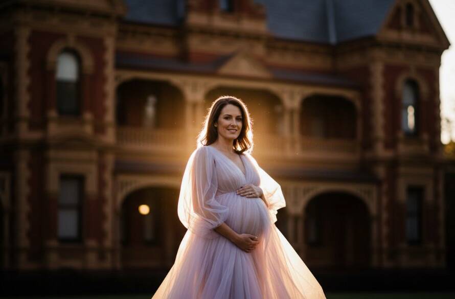 A glowing expectant mother stands gracefully amidst a backdrop of historic Armadale architecture at sunset, capturing bespoke Armadale maternity photography experiences. She wears an elegant flowing gown, her silhouette dramatically lit, embracing her baby bump.
