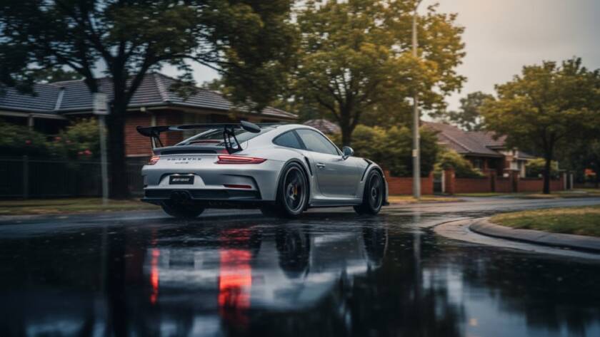 An epic moment of bespoke automotive photography in Box Hill South, Victoria, featuring a sleek, powerful sports car at sunset, lights gleaming, capturing its dynamic essence on a winding road.
