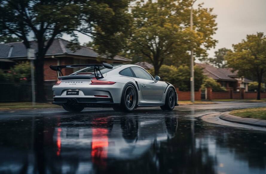 An epic moment of bespoke automotive photography in Box Hill South, Victoria, featuring a sleek, powerful sports car at sunset, lights gleaming, capturing its dynamic essence on a winding road.