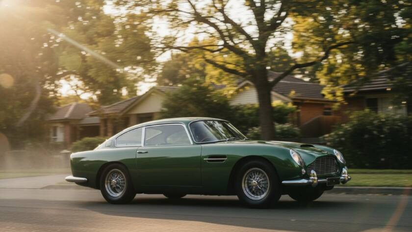 A stunning, low-angle shot of a classic luxury sports car bathed in golden hour light, parked on a quiet, tree-lined street in Box Hill South, Victoria, showcasing bespoke automotive photography in its finest form with dramatic shadows and reflections.