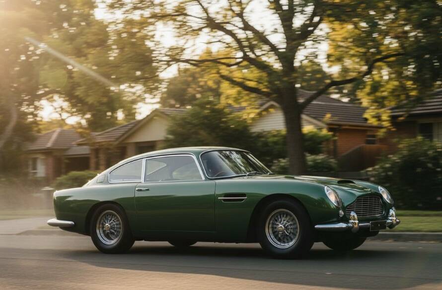 A stunning, low-angle shot of a classic luxury sports car bathed in golden hour light, parked on a quiet, tree-lined street in Box Hill South, Victoria, showcasing bespoke automotive photography in its finest form with dramatic shadows and reflections.