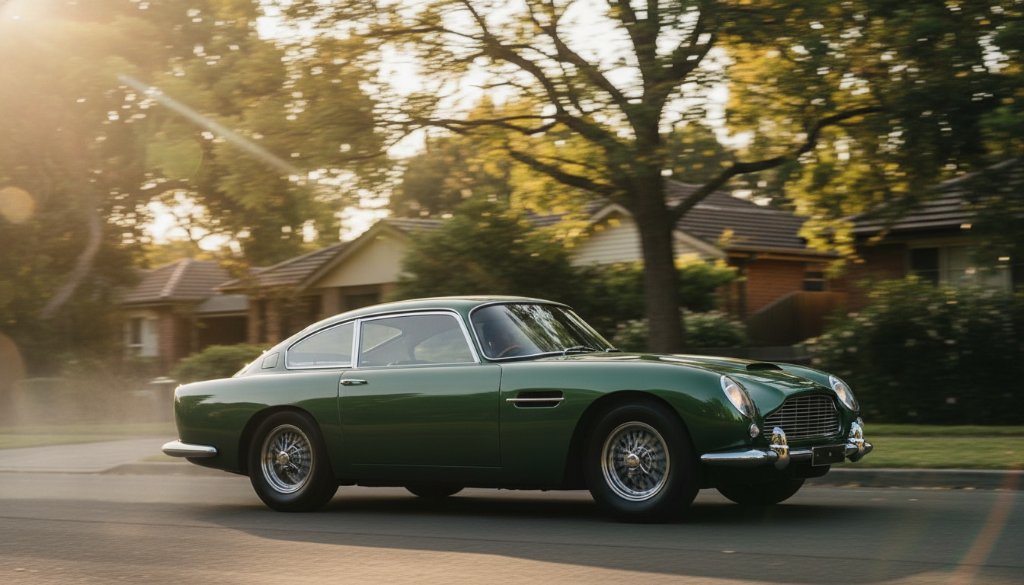 A stunning, low-angle shot of a classic luxury sports car bathed in golden hour light, parked on a quiet, tree-lined street in Box Hill South, Victoria, showcasing bespoke automotive photography in its finest form with dramatic shadows and reflections.