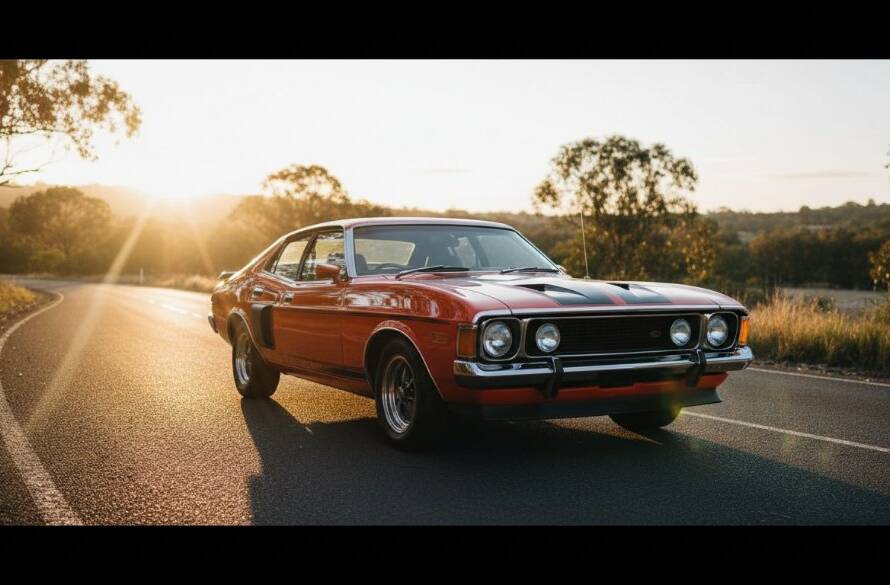 An epic, cinematic shot of a gleaming vintage muscle car parked dramatically on a winding road with the stunning natural backdrop of Croydon Hills at sunset, expertly captured for bespoke automotive photography Croydon Hills Victoria, highlighting its powerful silhouette and exquisite details with professional lighting.