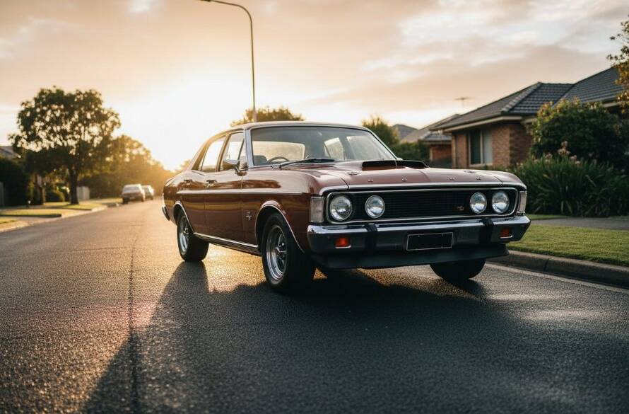 Epic moment of a meticulously restored vintage muscle car silhouetted against a dramatic Murrumbeena sunset, professionally captured as part of bespoke automotive photography Murrumbeena storytelling service.