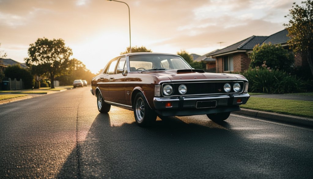 Epic moment of a meticulously restored vintage muscle car silhouetted against a dramatic Murrumbeena sunset, professionally captured as part of bespoke automotive photography Murrumbeena storytelling service.