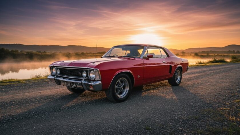 Dynamic action shot showcasing bespoke automotive photography in Seymour Victoria, featuring a gleaming vintage muscle car against a dramatic sunset over the Goulburn River, capturing its raw power and elegance.