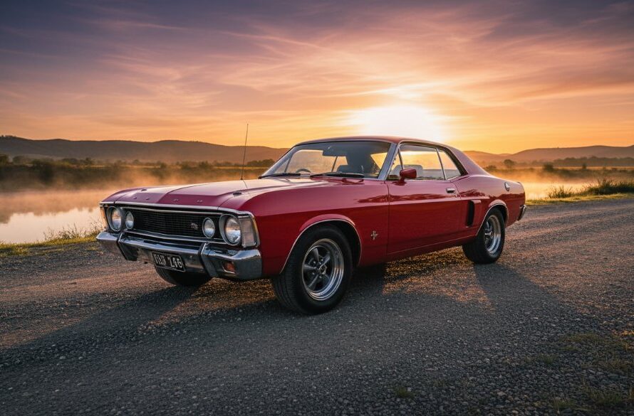 Dynamic action shot showcasing bespoke automotive photography in Seymour Victoria, featuring a gleaming vintage muscle car against a dramatic sunset over the Goulburn River, capturing its raw power and elegance.