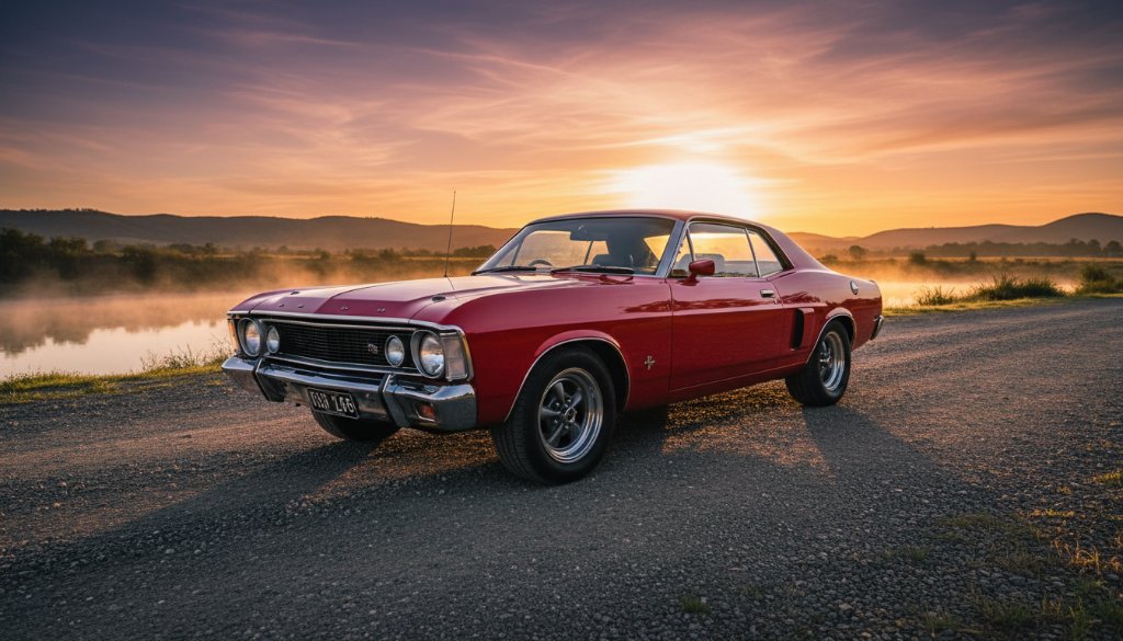 Dynamic action shot showcasing bespoke automotive photography in Seymour Victoria, featuring a gleaming vintage muscle car against a dramatic sunset over the Goulburn River, capturing its raw power and elegance.