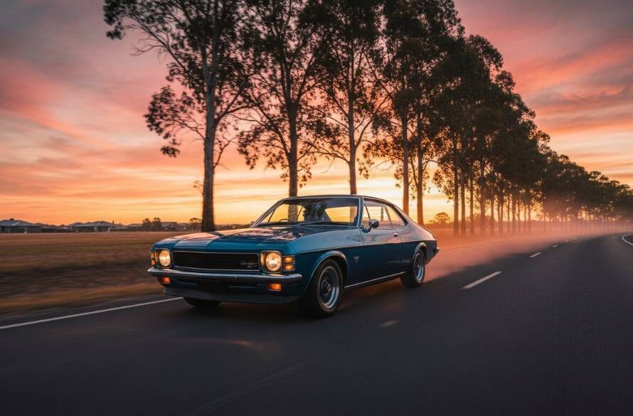 A dynamic, low-angle shot of a classic muscle car, polished to perfection, driving at dusk with its headlights cutting through the mist on a rural road near Manor Lakes, Victoria, capturing bespoke automotive portraits. The scene is dramatic and cinematic, highlighting the vehicle's powerful silhouette against a colourful sunset.