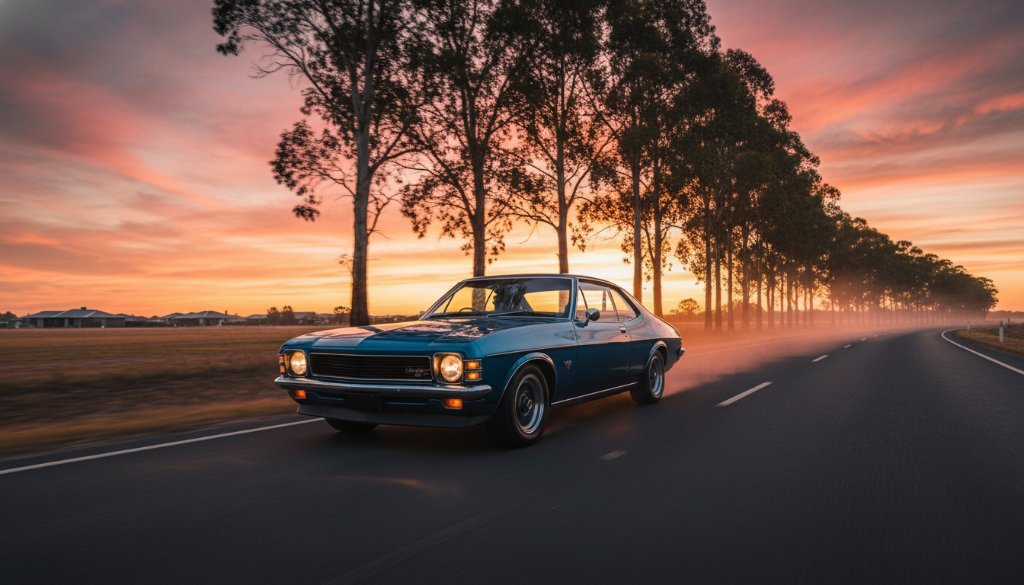 A dynamic, low-angle shot of a classic muscle car, polished to perfection, driving at dusk with its headlights cutting through the mist on a rural road near Manor Lakes, Victoria, capturing bespoke automotive portraits. The scene is dramatic and cinematic, highlighting the vehicle's powerful silhouette against a colourful sunset.
