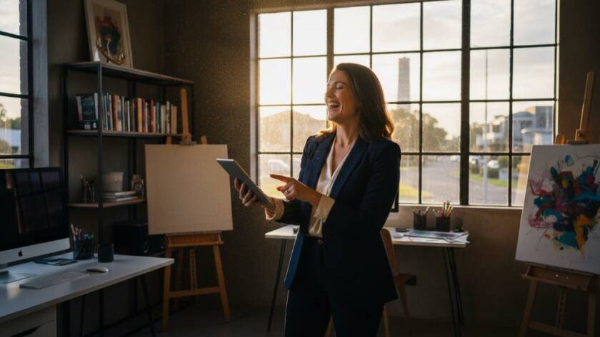 An epic moment captured: A successful female entrepreneur, radiating confidence, laughs genuinely while reviewing designs on a tablet in her modern, sunlit Keilor East studio, illuminated by dramatic golden hour light, reflecting the essence of bespoke branding photography Keilor East creative businesses.