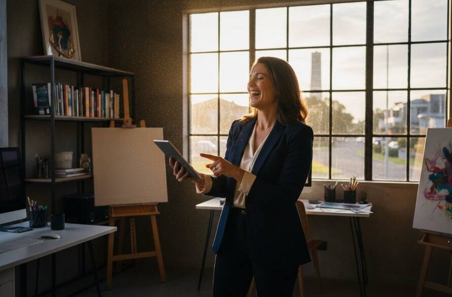 An epic moment captured: A successful female entrepreneur, radiating confidence, laughs genuinely while reviewing designs on a tablet in her modern, sunlit Keilor East studio, illuminated by dramatic golden hour light, reflecting the essence of bespoke branding photography Keilor East creative businesses.