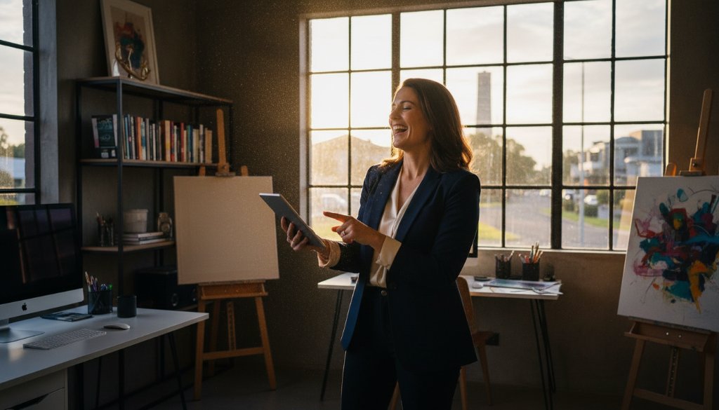 An epic moment captured: A successful female entrepreneur, radiating confidence, laughs genuinely while reviewing designs on a tablet in her modern, sunlit Keilor East studio, illuminated by dramatic golden hour light, reflecting the essence of bespoke branding photography Keilor East creative businesses.