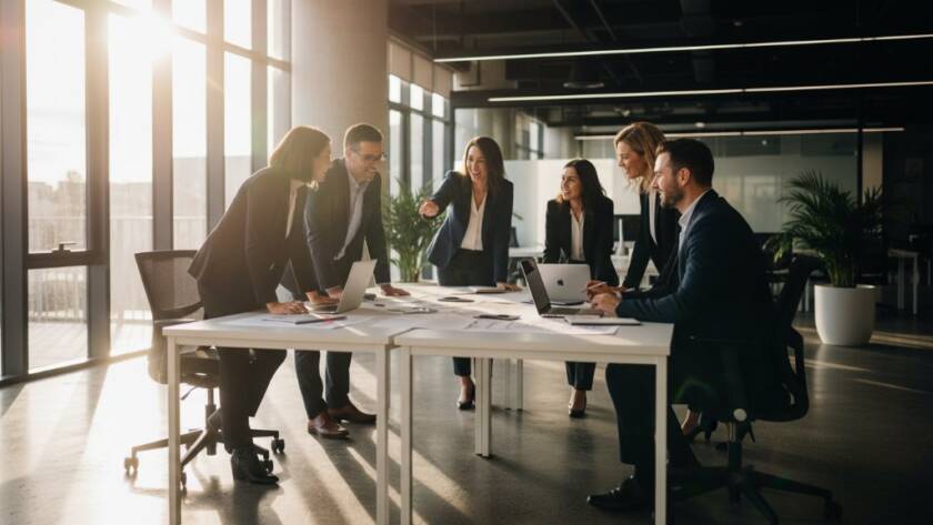 An inspiring wide-angle shot showcasing a successful team collaborating in a modern, sunlit office space in Wantirna South, radiating professionalism and innovation through bespoke business photography. Dynamic composition with a focus on connection and ambition.
