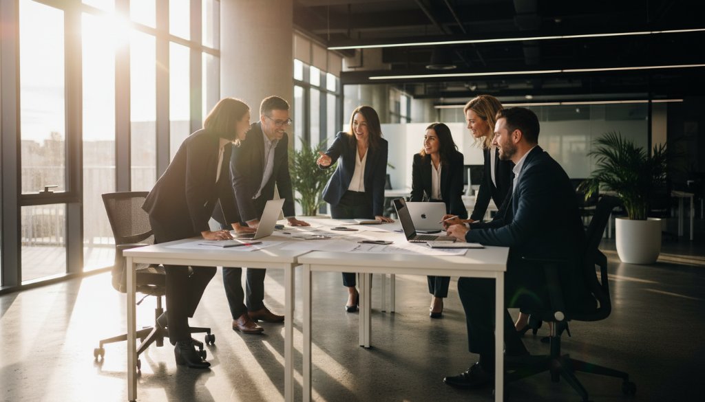 An inspiring wide-angle shot showcasing a successful team collaborating in a modern, sunlit office space in Wantirna South, radiating professionalism and innovation through bespoke business photography. Dynamic composition with a focus on connection and ambition.