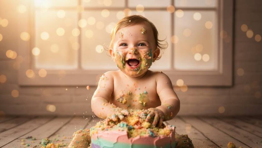 An epic moment captured during bespoke cake smash photography in Seddon, Victoria, showing a joyful baby with cake all over their face and hands, surrounded by a whimsical, bespoke setup with dramatic, soft lighting.