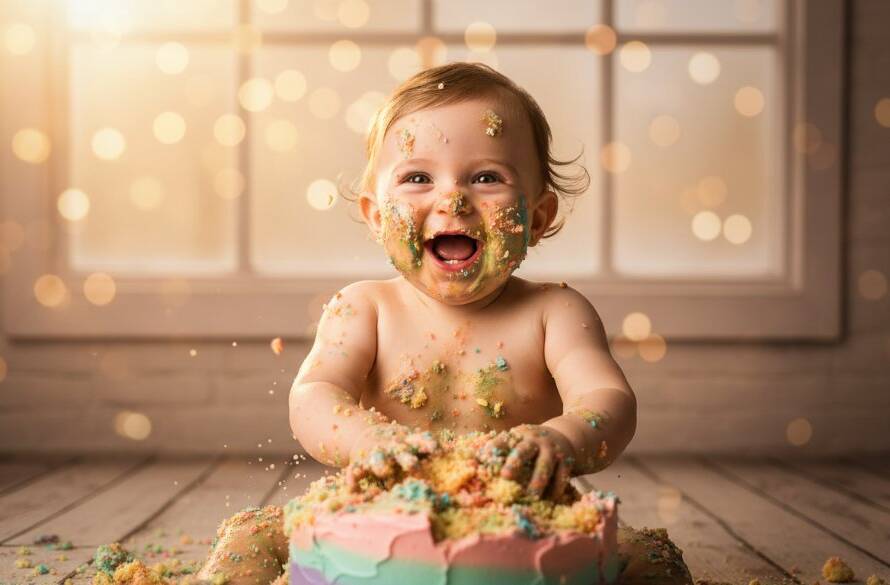 An epic moment captured during bespoke cake smash photography in Seddon, Victoria, showing a joyful baby with cake all over their face and hands, surrounded by a whimsical, bespoke setup with dramatic, soft lighting.