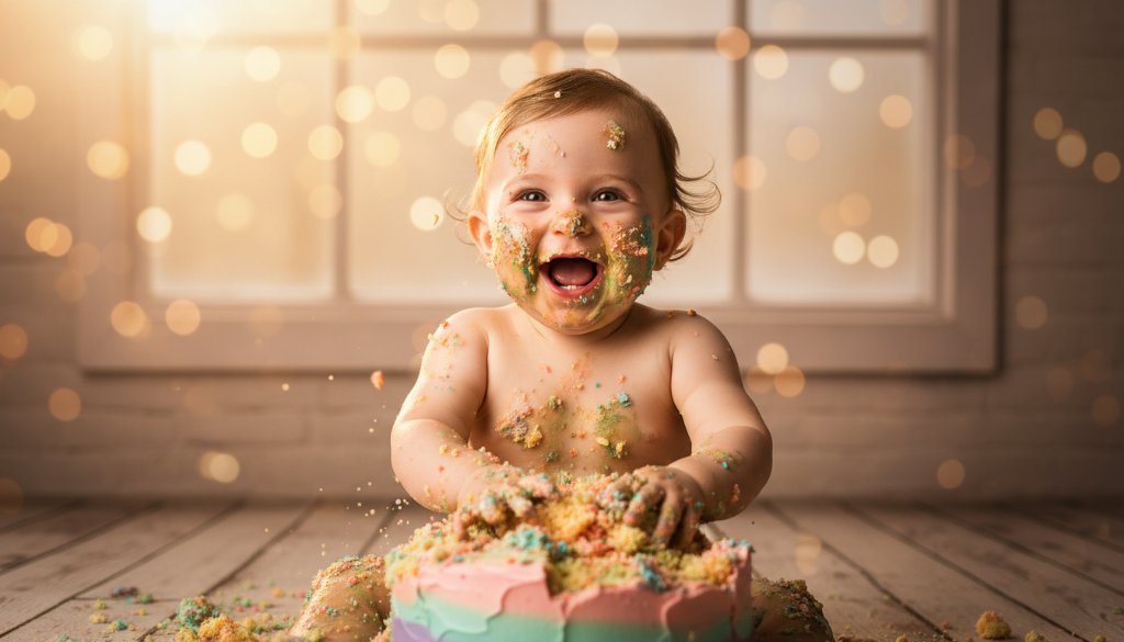 An epic moment captured during bespoke cake smash photography in Seddon, Victoria, showing a joyful baby with cake all over their face and hands, surrounded by a whimsical, bespoke setup with dramatic, soft lighting.