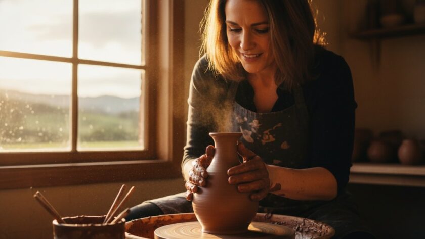 A Daylesford artisan carefully arranging locally sourced produce on a rustic table, bathed in warm, natural light, epitomizing bespoke commercial photography Daylesford for authentic brand stories.