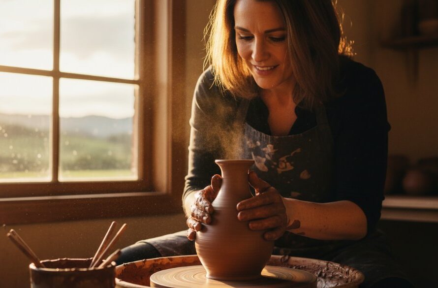 A Daylesford artisan carefully arranging locally sourced produce on a rustic table, bathed in warm, natural light, epitomizing bespoke commercial photography Daylesford for authentic brand stories.