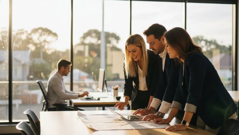 An inspiring wide shot capturing a dynamic team of professionals collaborating in a stylish Ormond café, illuminated by dramatic morning light, perfectly representing bespoke commercial photography Ormond Victorian businesses for their brand story.