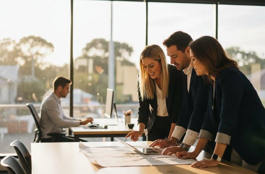 An inspiring wide shot capturing a dynamic team of professionals collaborating in a stylish Ormond café, illuminated by dramatic morning light, perfectly representing bespoke commercial photography Ormond Victorian businesses for their brand story.