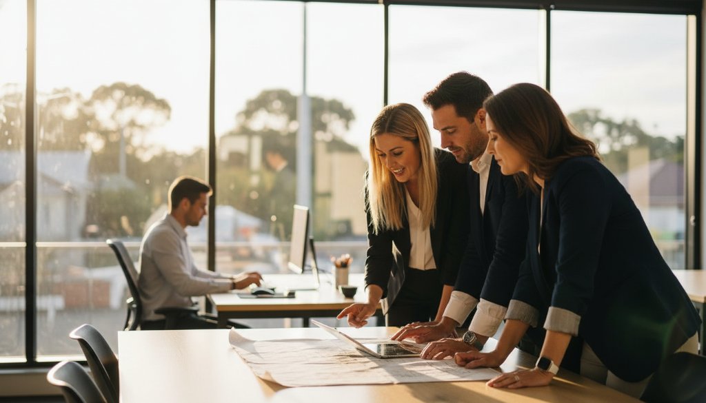 An inspiring wide shot capturing a dynamic team of professionals collaborating in a stylish Ormond café, illuminated by dramatic morning light, perfectly representing bespoke commercial photography Ormond Victorian businesses for their brand story.