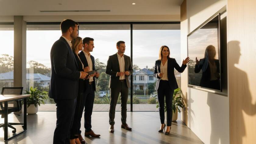 Dramatic, high-contrast professional photograph of a diverse business team collaborating energetically in a modern Mont Albert office space, embodying bespoke corporate branding photography Mont Albert, with natural light streaming through large windows.