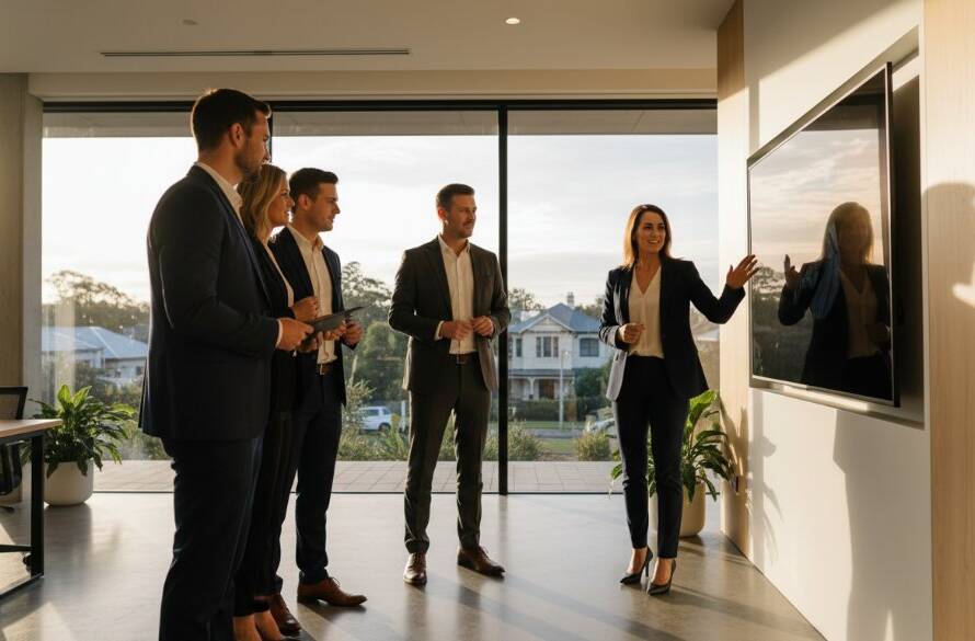 Dramatic, high-contrast professional photograph of a diverse business team collaborating energetically in a modern Mont Albert office space, embodying bespoke corporate branding photography Mont Albert, with natural light streaming through large windows.
