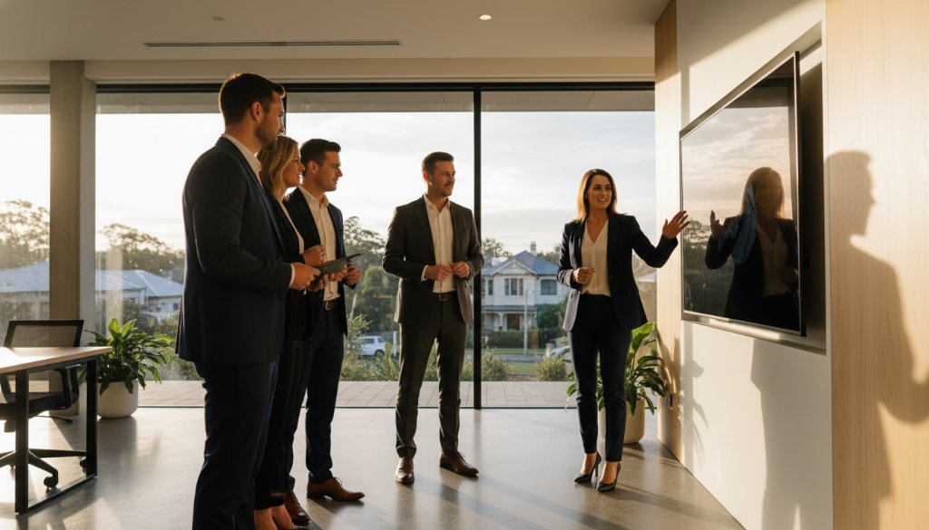Dramatic, high-contrast professional photograph of a diverse business team collaborating energetically in a modern Mont Albert office space, embodying bespoke corporate branding photography Mont Albert, with natural light streaming through large windows.