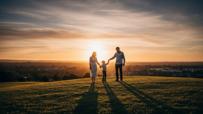 A breathtaking, wide-angle fine art photograph showcasing a family on a Manifold Heights hilltop at sunset, bathed in golden light, evoking the beauty of bespoke fine art photography Manifold Heights, Victoria.