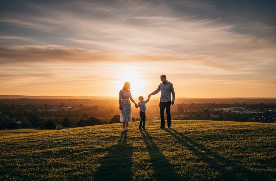 A breathtaking, wide-angle fine art photograph showcasing a family on a Manifold Heights hilltop at sunset, bathed in golden light, evoking the beauty of bespoke fine art photography Manifold Heights, Victoria.