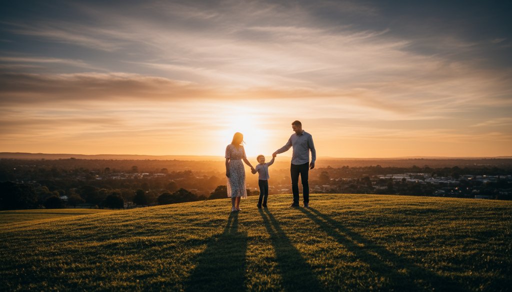 A breathtaking, wide-angle fine art photograph showcasing a family on a Manifold Heights hilltop at sunset, bathed in golden light, evoking the beauty of bespoke fine art photography Manifold Heights, Victoria.
