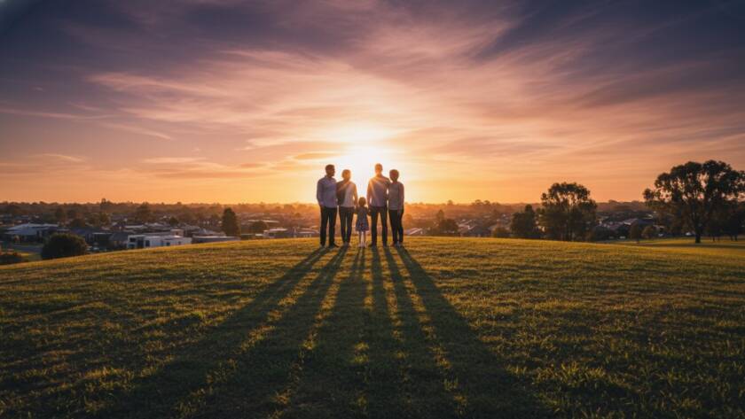 A dramatic wide shot of a family in Mulgrave Victoria, silhouetted against a golden hour sky, captured through bespoke fine art photography, creating an epic, emotionally resonant portrait.