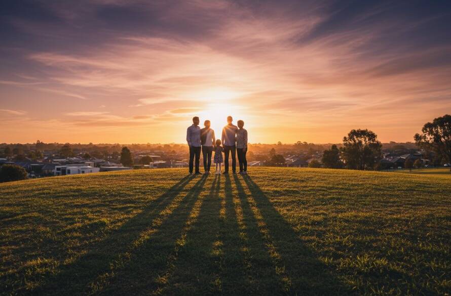 A dramatic wide shot of a family in Mulgrave Victoria, silhouetted against a golden hour sky, captured through bespoke fine art photography, creating an epic, emotionally resonant portrait.