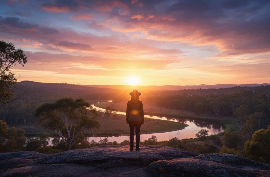 A dramatic "epic moment" fine art photograph captured in Wangaratta, Victoria, showcasing a family silhouetted against a golden sunset over the Ovens River, evoking the unique artistic style of Bespoke Fine Art Photography Wangaratta Victoria. The image features professional colour grading and cinematic composition.