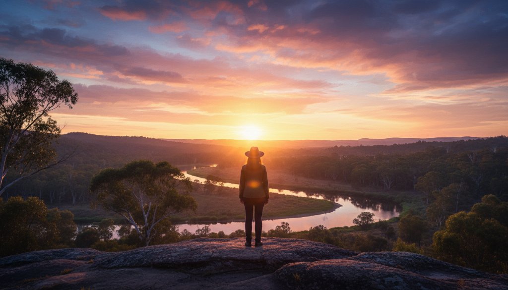 A dramatic "epic moment" fine art photograph captured in Wangaratta, Victoria, showcasing a family silhouetted against a golden sunset over the Ovens River, evoking the unique artistic style of Bespoke Fine Art Photography Wangaratta Victoria. The image features professional colour grading and cinematic composition.