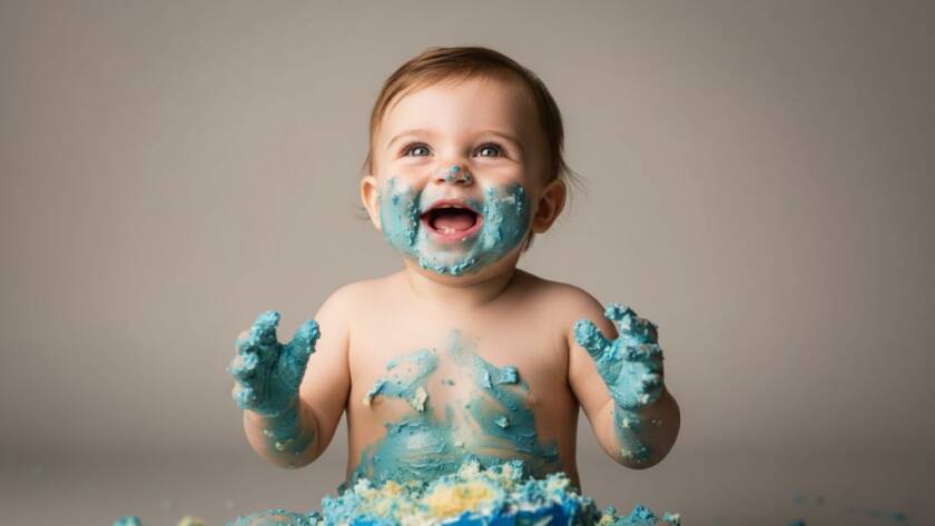 An adorable one-year-old child in Templestowe Lower, covered in blue icing, laughs joyfully amidst a spectacularly messy cake smash setup, perfectly captured during a bespoke first birthday cake smash photoshoot Templestowe Lower. Dramatic soft lighting highlights the child's expression and the colourful cake remnants, making for an epic, heartwarming memory.