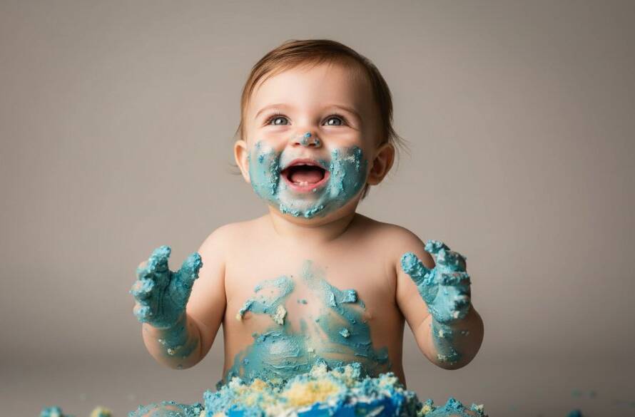 An adorable one-year-old child in Templestowe Lower, covered in blue icing, laughs joyfully amidst a spectacularly messy cake smash setup, perfectly captured during a bespoke first birthday cake smash photoshoot Templestowe Lower. Dramatic soft lighting highlights the child's expression and the colourful cake remnants, making for an epic, heartwarming memory.