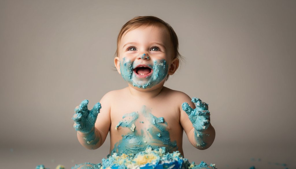 An adorable one-year-old child in Templestowe Lower, covered in blue icing, laughs joyfully amidst a spectacularly messy cake smash setup, perfectly captured during a bespoke first birthday cake smash photoshoot Templestowe Lower. Dramatic soft lighting highlights the child's expression and the colourful cake remnants, making for an epic, heartwarming memory.