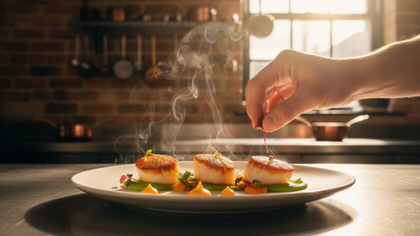 An intimate, dramatically lit close-up of a meticulously plated gourmet dish, possibly a vibrant pasta or a deconstructed dessert, being artfully drizzled with a rich sauce by a chef's hand, capturing the perfect moment of creation, showcasing bespoke food photography for Tottenham culinary businesses with rich textures and professional colour grading.