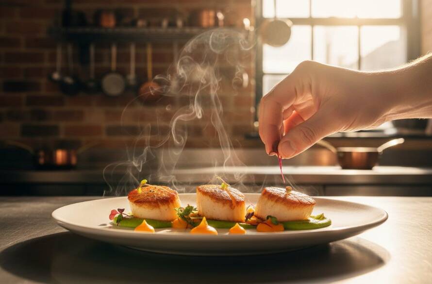 An intimate, dramatically lit close-up of a meticulously plated gourmet dish, possibly a vibrant pasta or a deconstructed dessert, being artfully drizzled with a rich sauce by a chef's hand, capturing the perfect moment of creation, showcasing bespoke food photography for Tottenham culinary businesses with rich textures and professional colour grading.