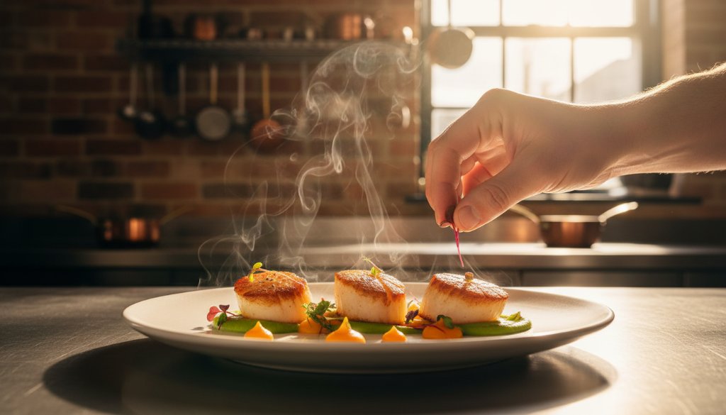 An intimate, dramatically lit close-up of a meticulously plated gourmet dish, possibly a vibrant pasta or a deconstructed dessert, being artfully drizzled with a rich sauce by a chef's hand, capturing the perfect moment of creation, showcasing bespoke food photography for Tottenham culinary businesses with rich textures and professional colour grading.