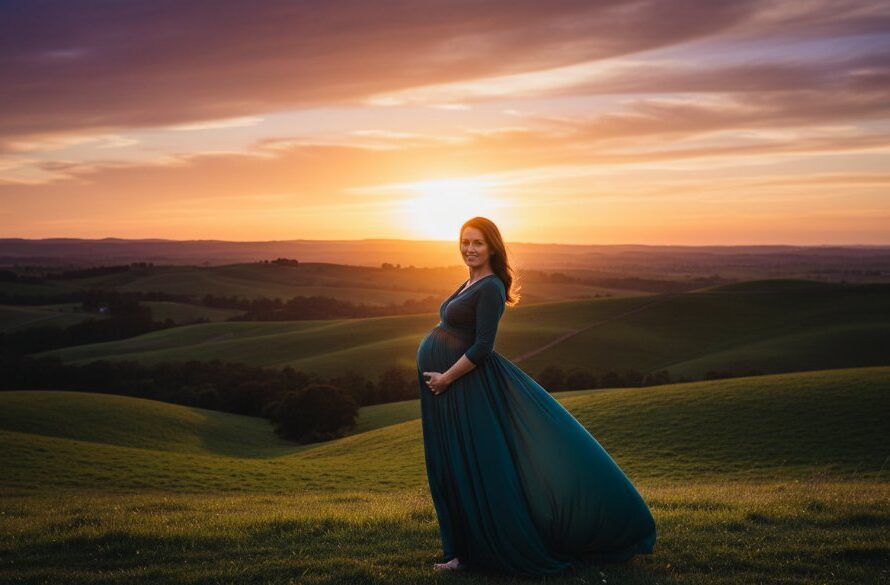 A pregnant woman, radiantly glowing, stands silhouetted against a dramatic sunset over rolling hills in Gisborne, Victoria, embodying bespoke Gisborne maternity photography natural light, with soft golden light highlighting her silhouette and the scenic landscape.